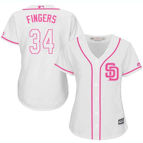 Padres #34 Rollie Fingers White/Pink Fashion Women's Stitched MLB Jersey - Click Image to Close